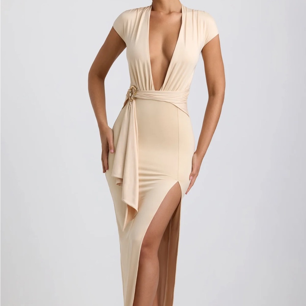 Oh Polly Asymmetrical Peach Dress with Plunge Neckline